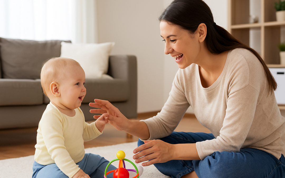 madre jugando con su bebé en el suelo durante una actividad de estimulación temprana