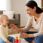 madre jugando con su bebé en el suelo durante una actividad de estimulación temprana
